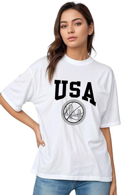 Zephyra Women's Cotton Casual Stylish Round Neck USA Graphic T-Shirt Half Sleeve Latest Oversized Regular Fit White T-Shirt